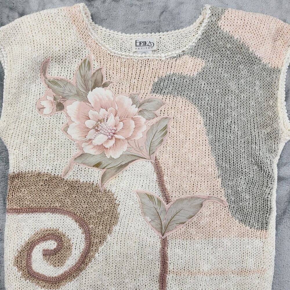 Vintage Erika Sweater Womens S‎ Beige Linen Floral Pearls Beaded Short Sleeve - Picture 2 of 8
